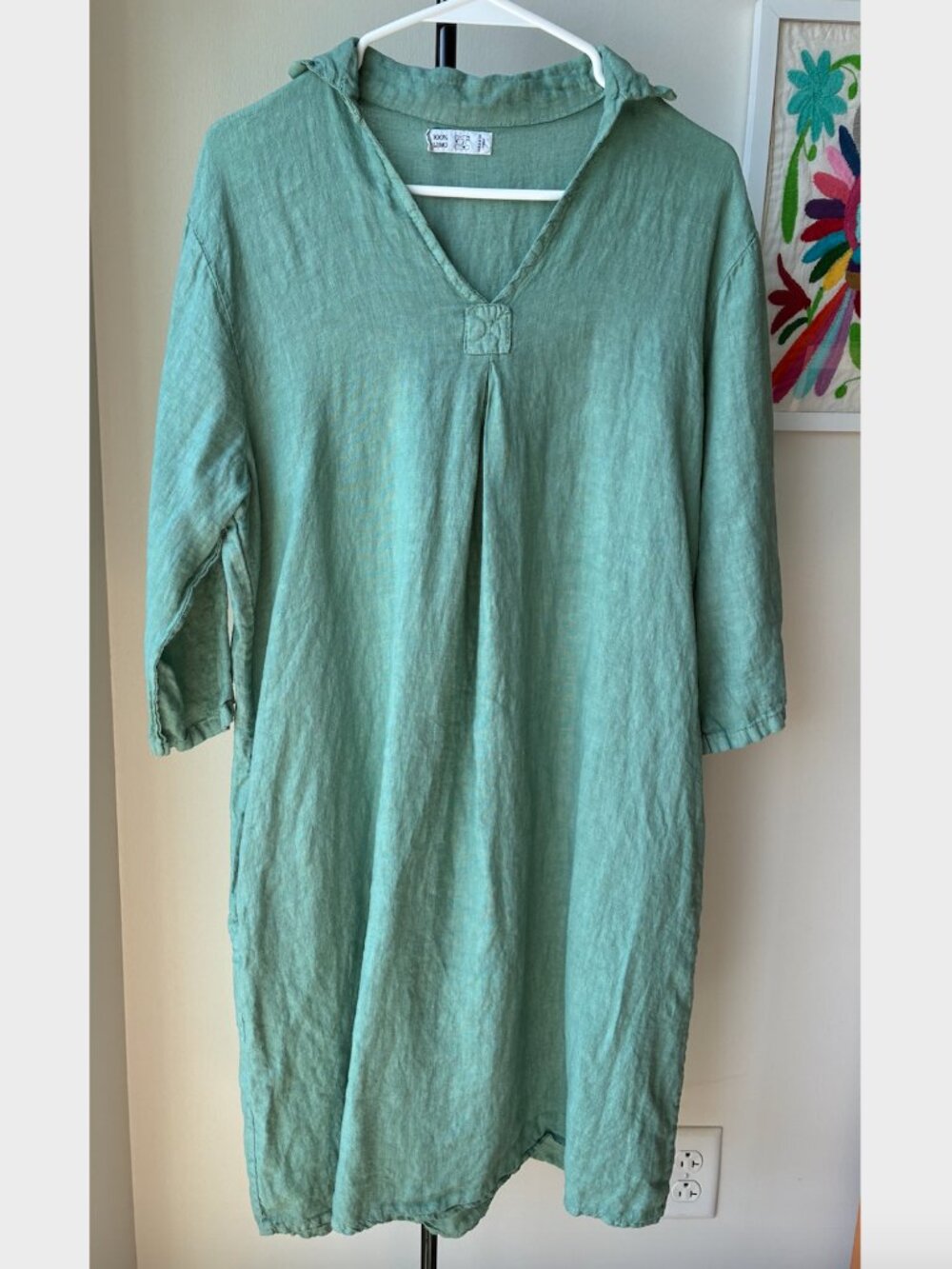 100% Lino Teal Linen Tunic Dress with 3/4 Sleeves- Italy-Sz S (See Description)